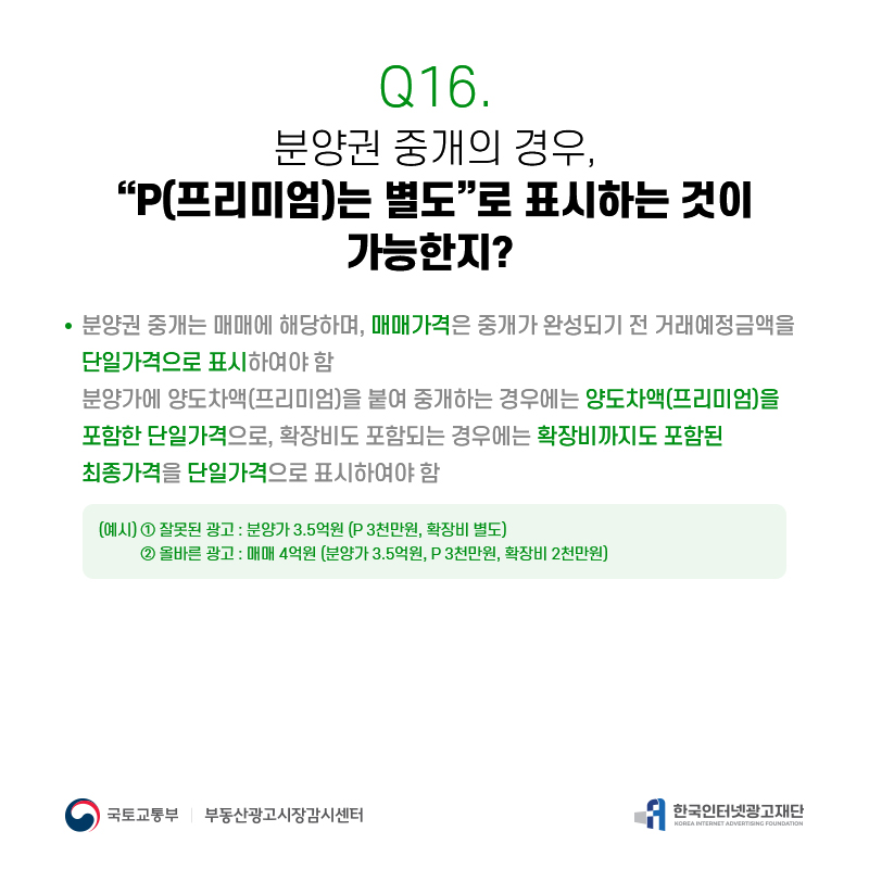 Q16.
분양권중개의경우,
[P(프리미엄)는별도]로표시하는것이
가능한지?
분양권중개는매매에해당하며,매매가격은중개가완성되기전거래예정금액을 단일가격으로표시하여야함
분양가에양도차액(프리미엄)을붙여중개하는경우에는양도차액(프리미엄)을 포함한단일가격으로,확장비도포함되는경우에는확장비까지도포함된 최종가격을단일가격으로표시하여야함
(예시)①잘못된광고:분양가3.5억원(P3천만원,확장비별도)
②올바른광고:매매4억원(분양가3.5억원,P3천만원,확장비2천만원)
