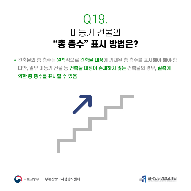 Q19.
미등기건물의
[총층수]표시방법은?
건축물의총층수는원칙적으로건축물대장에기재된총층수를표시해야해야함 다만,일부미등기건물등건축물대장이존재하지않는건축물의경우,실측에 의한총층수를표시할수있음
