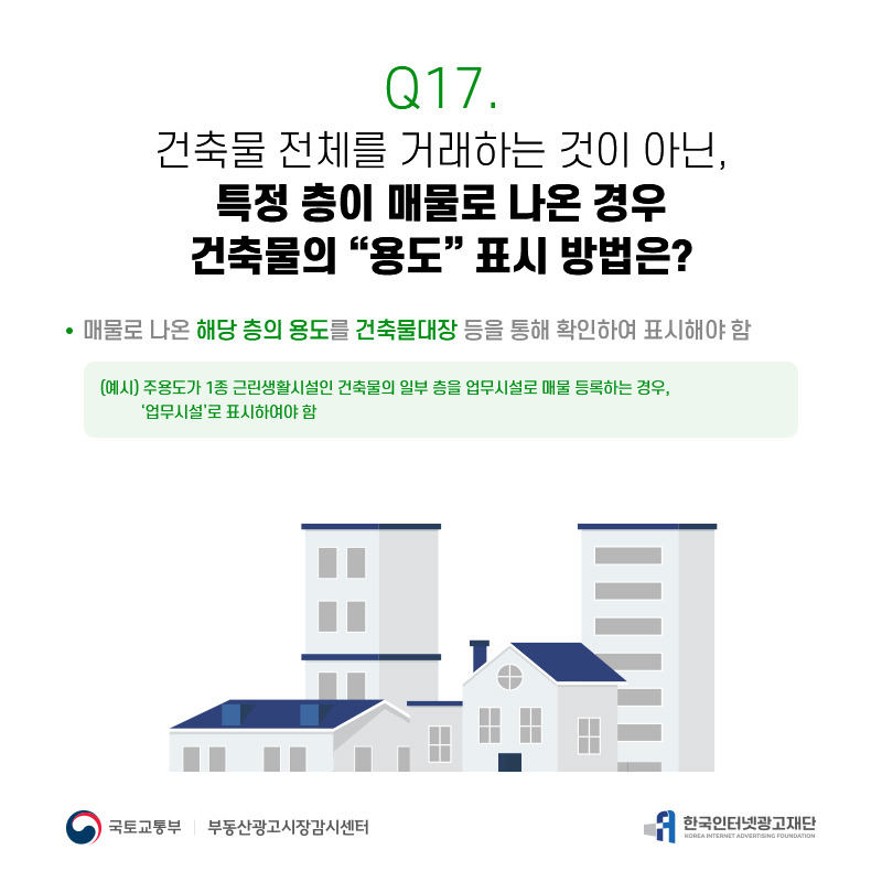 Q17.
건축물전체를거래하는것이아닌, 특정층이매물로나온경우 건축물의[용도]표시방법은?
매물로나온해당층의용도를건축물대장등을통해확인하여표시해야함
(예시)주용도가1종근린생활시설인건축물의일부층을업무시설로매물등록하는경우,
‘업무시설’로표시하여야함
